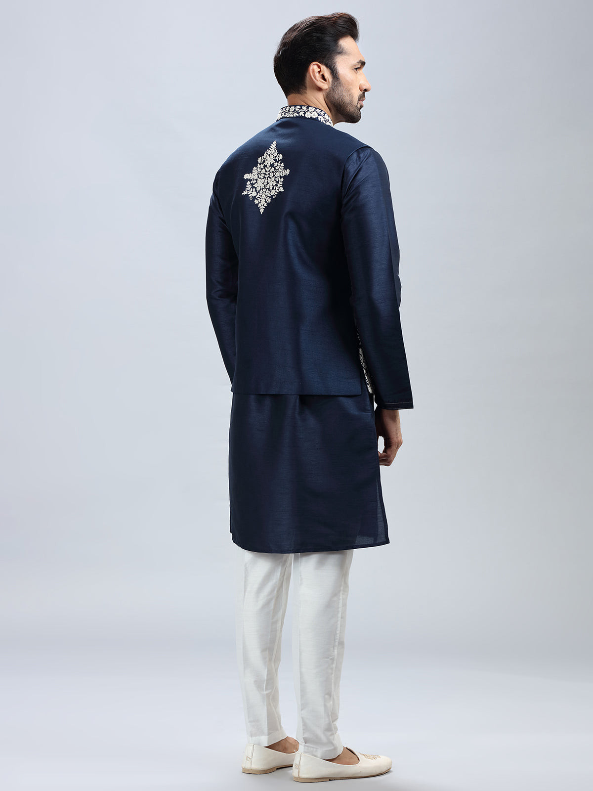 Navy blue silk waistcoat set for men