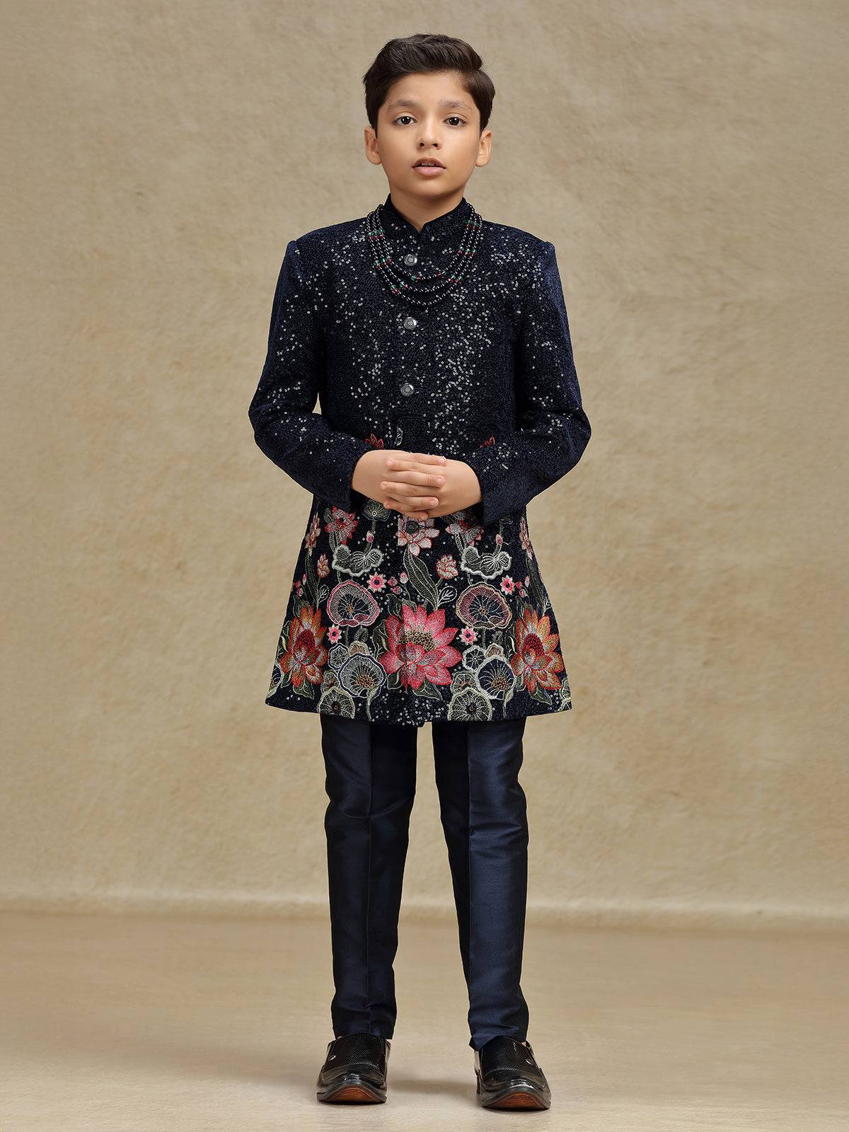 Navy boys indo western set in velvet