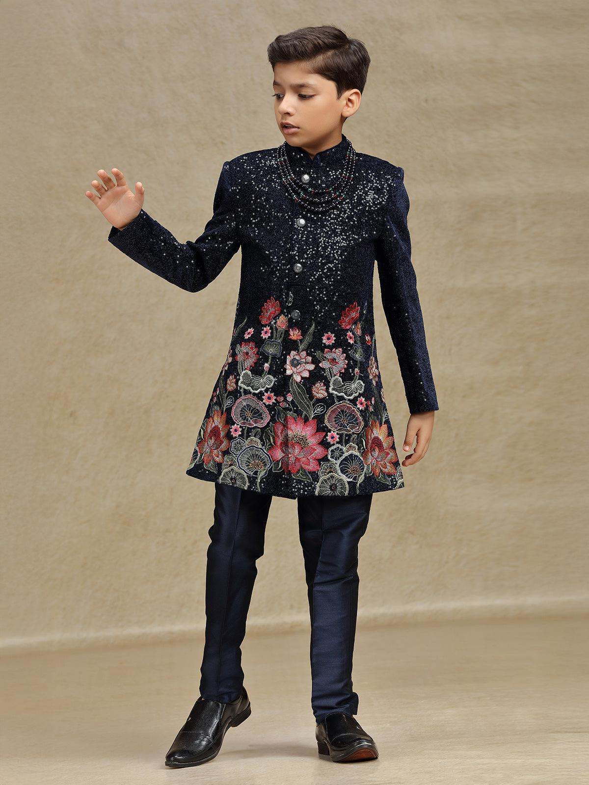 Navy boys indo western set in velvet
