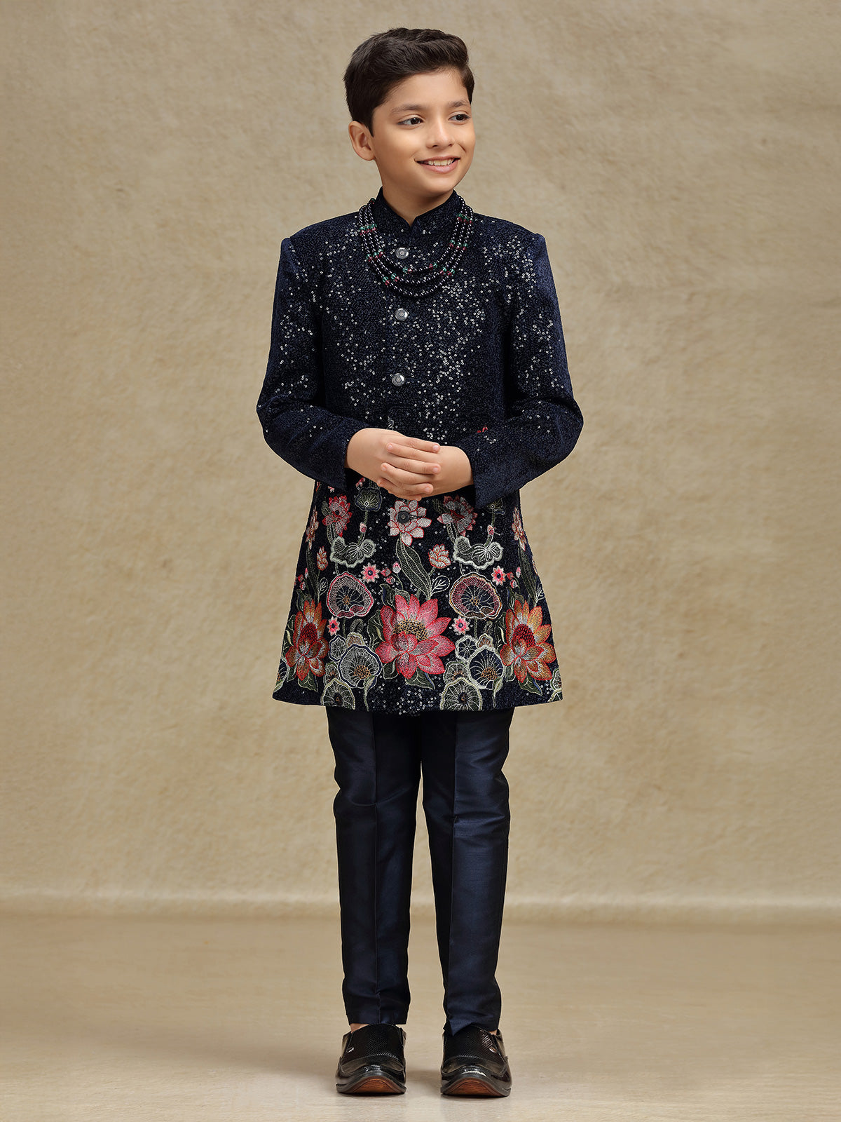 Navy boys indo western set in velvet