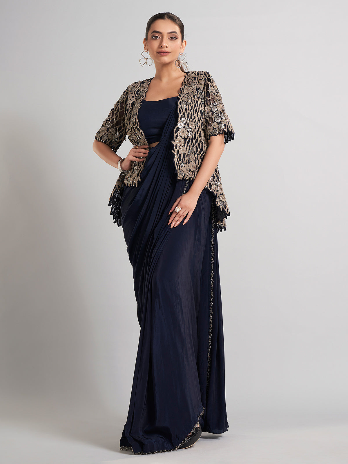 Navy chinon silk ready-to-wear saree with festive sparkle
