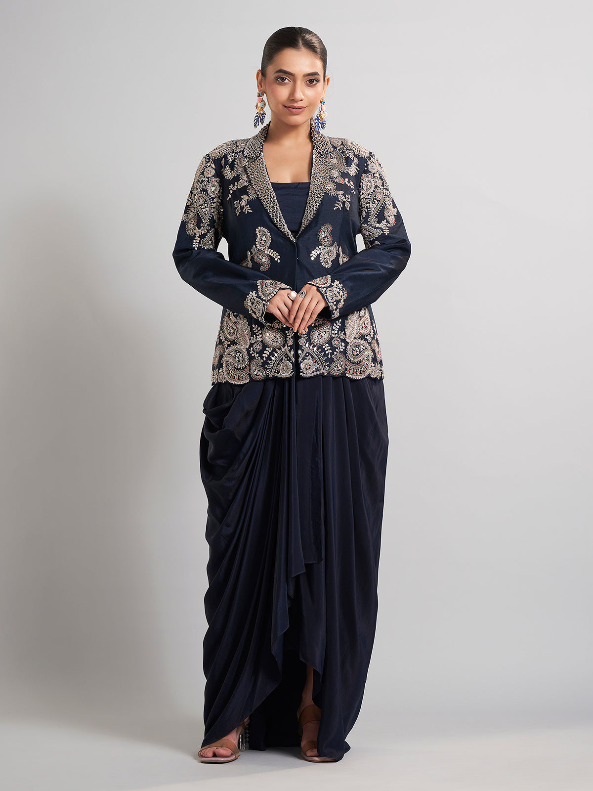 Navy designer jacket style indo western ensemble