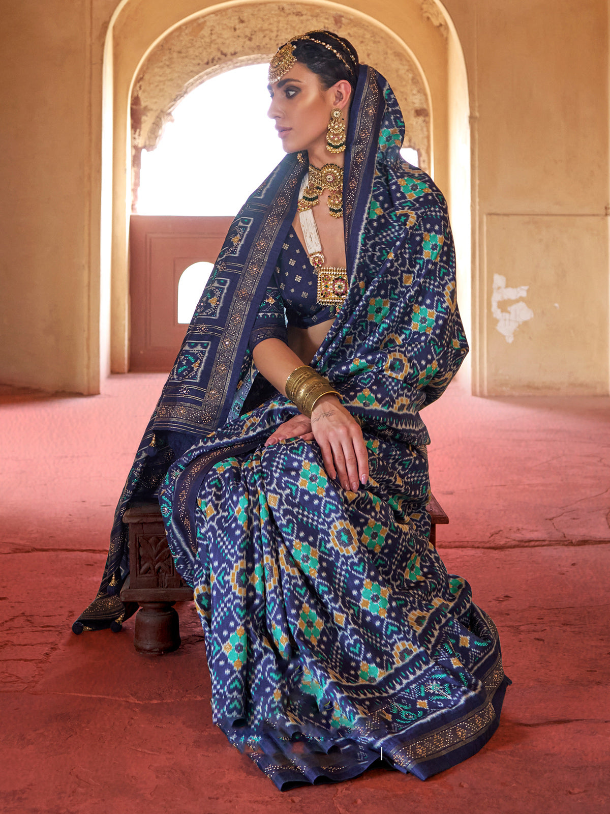Navy printed patola silk saree for festive wear