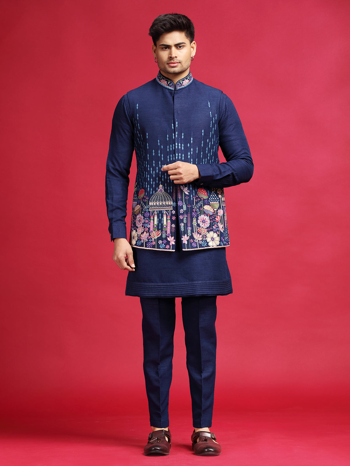 Navy silk embroidered waistcoat set with for wedding