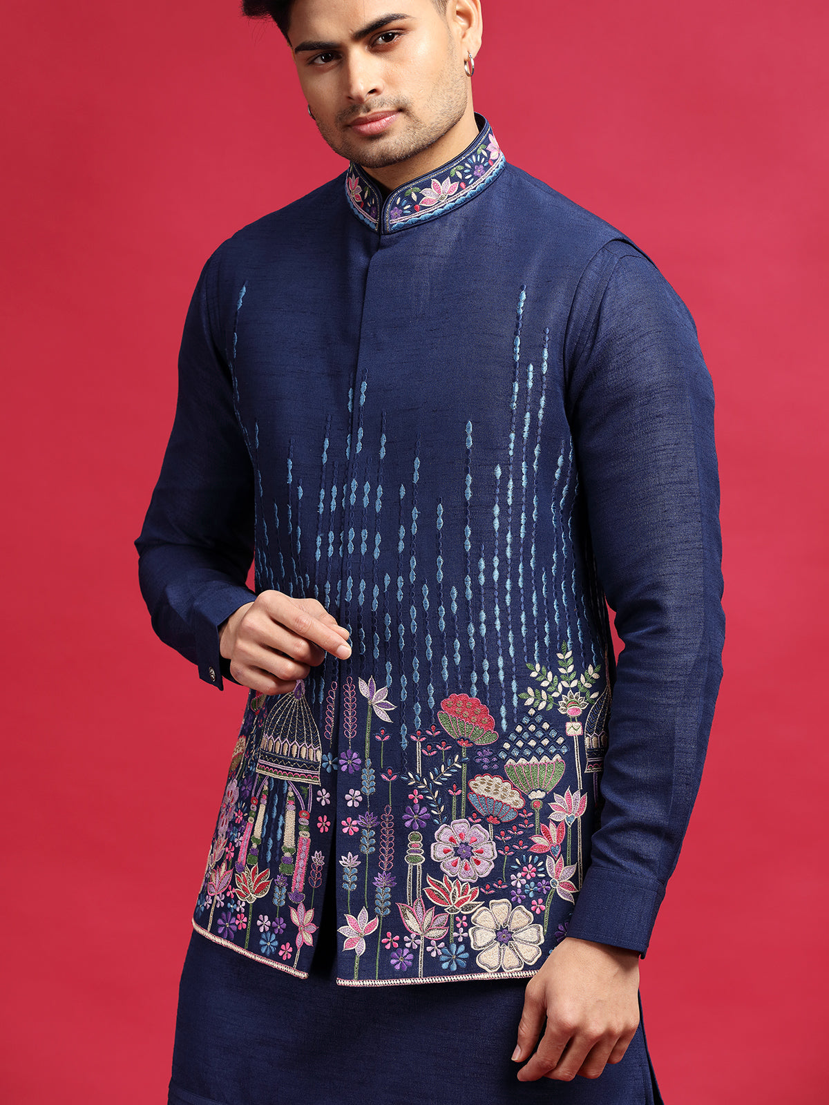 Navy silk embroidered waistcoat set with for wedding