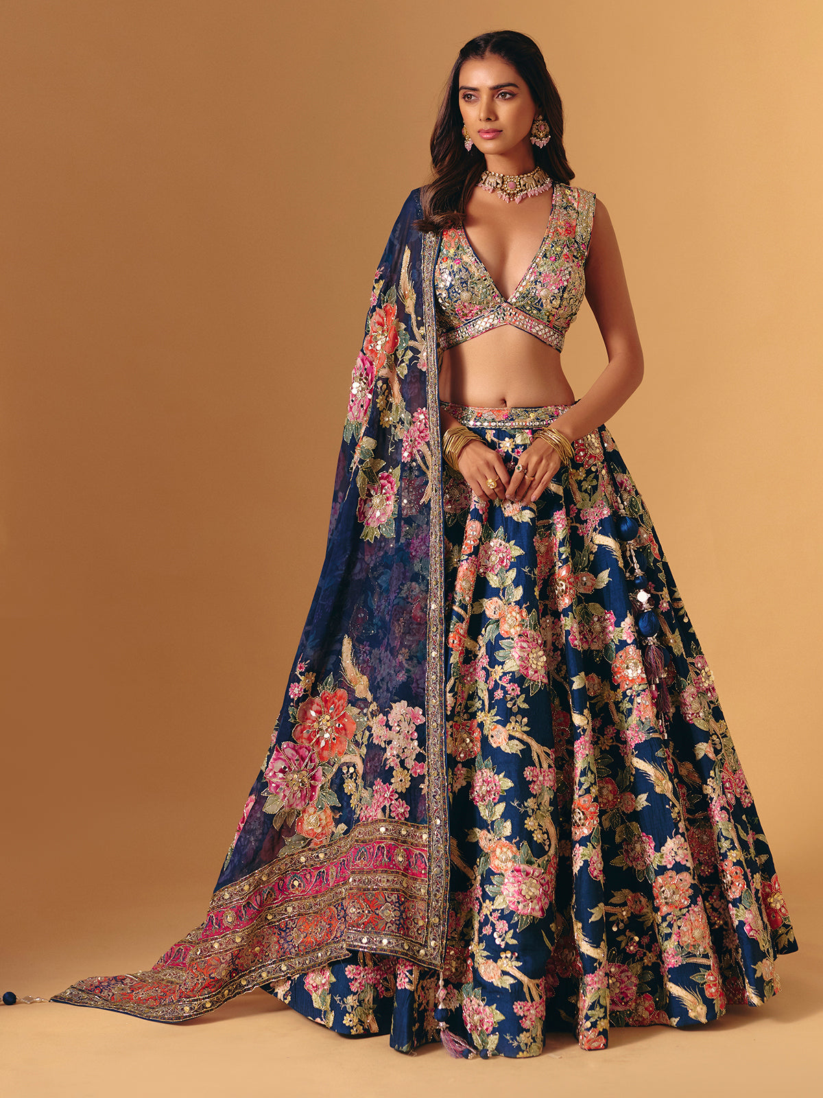 Navy silk floral embellished V neck lehenga choli