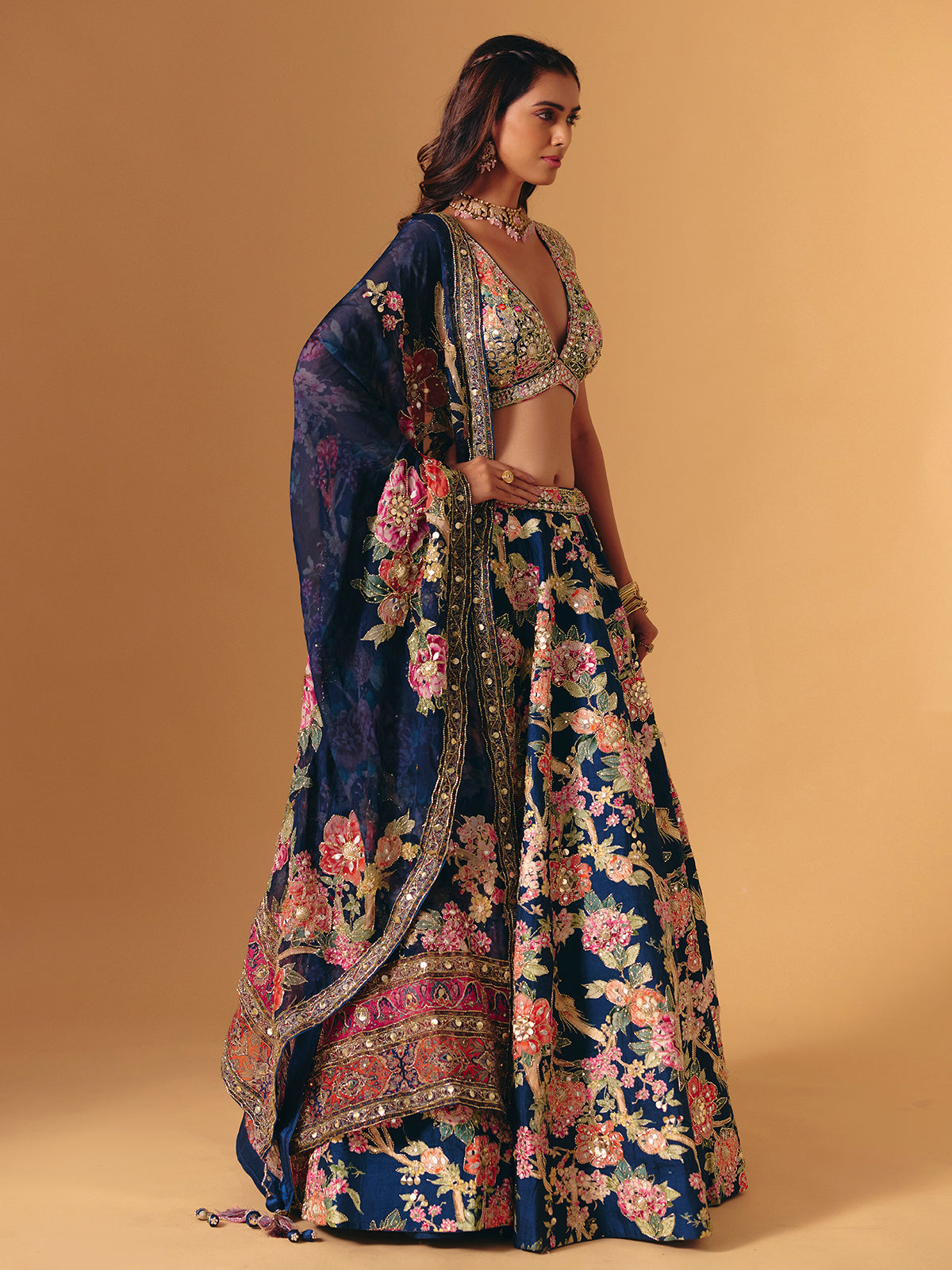 Navy silk floral embellished V neck lehenga choli