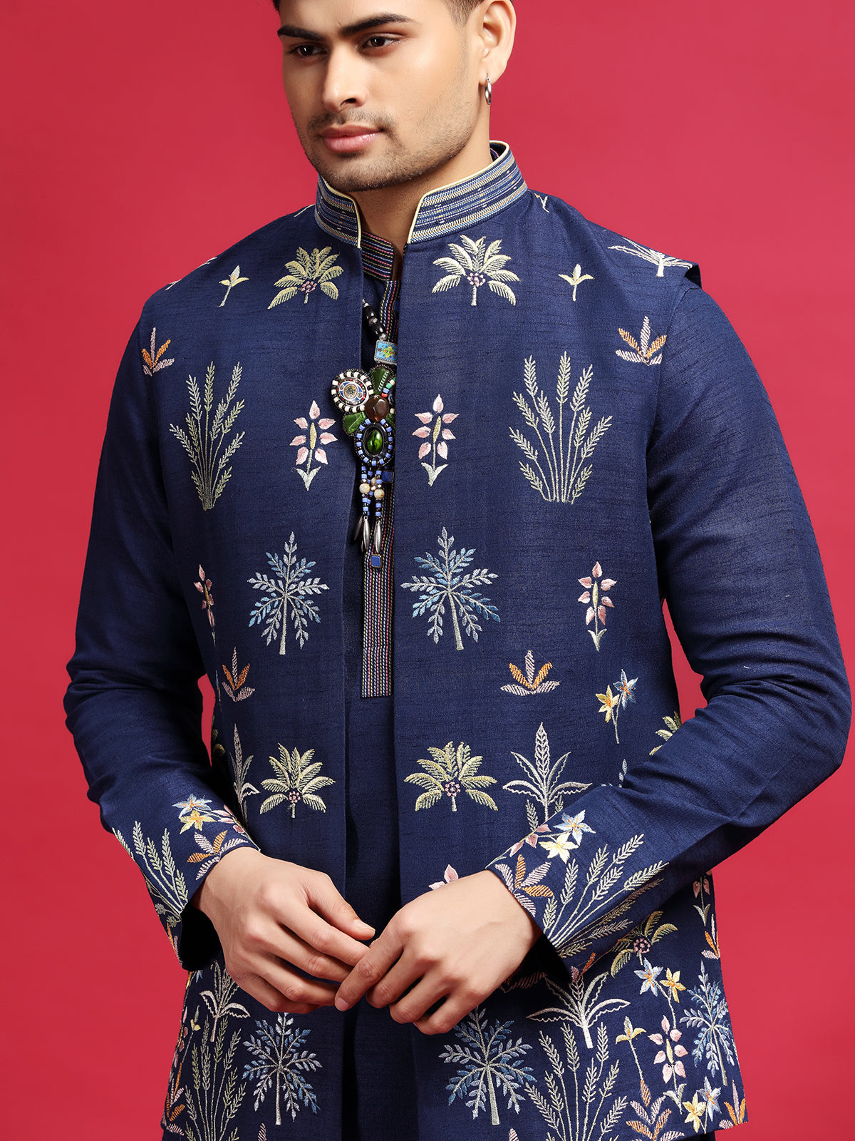 Navy silk waistcoat set with attractive embroidery
