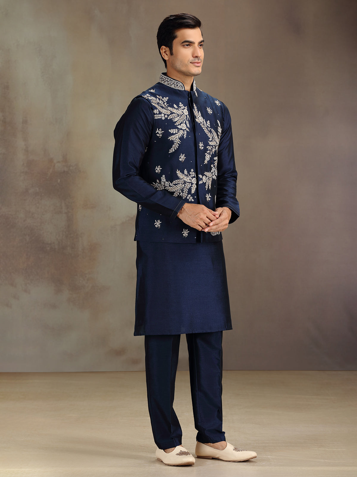 Navy silk waistcoat set with embroidery and sequins