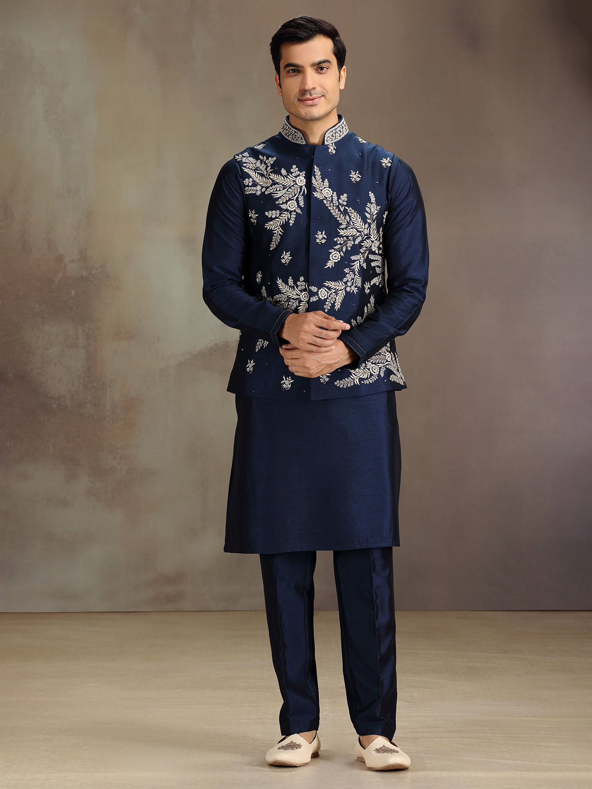 Navy silk waistcoat set with embroidery and sequins