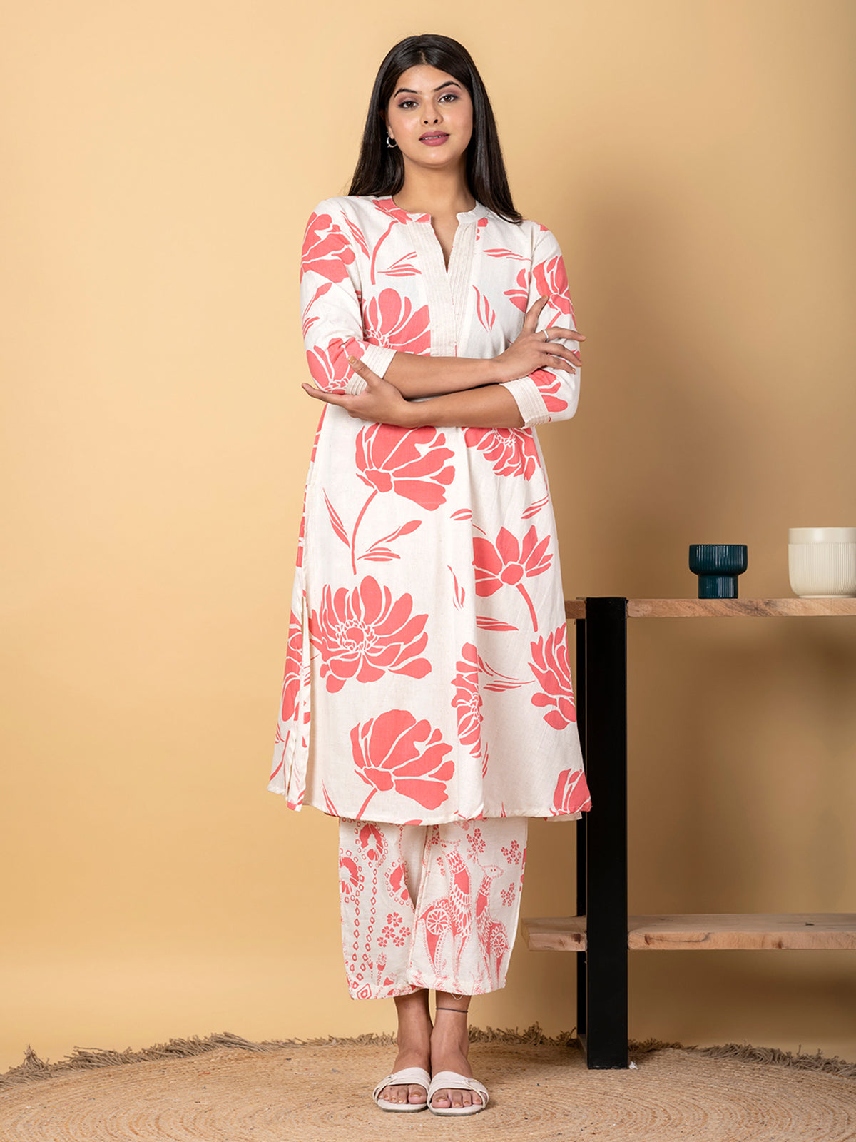 Off white and peach cotton silk printed kurti palazzo set