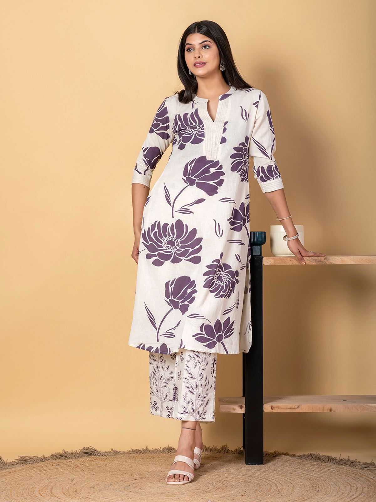Off white and purple cotton silk kurti palazzo set