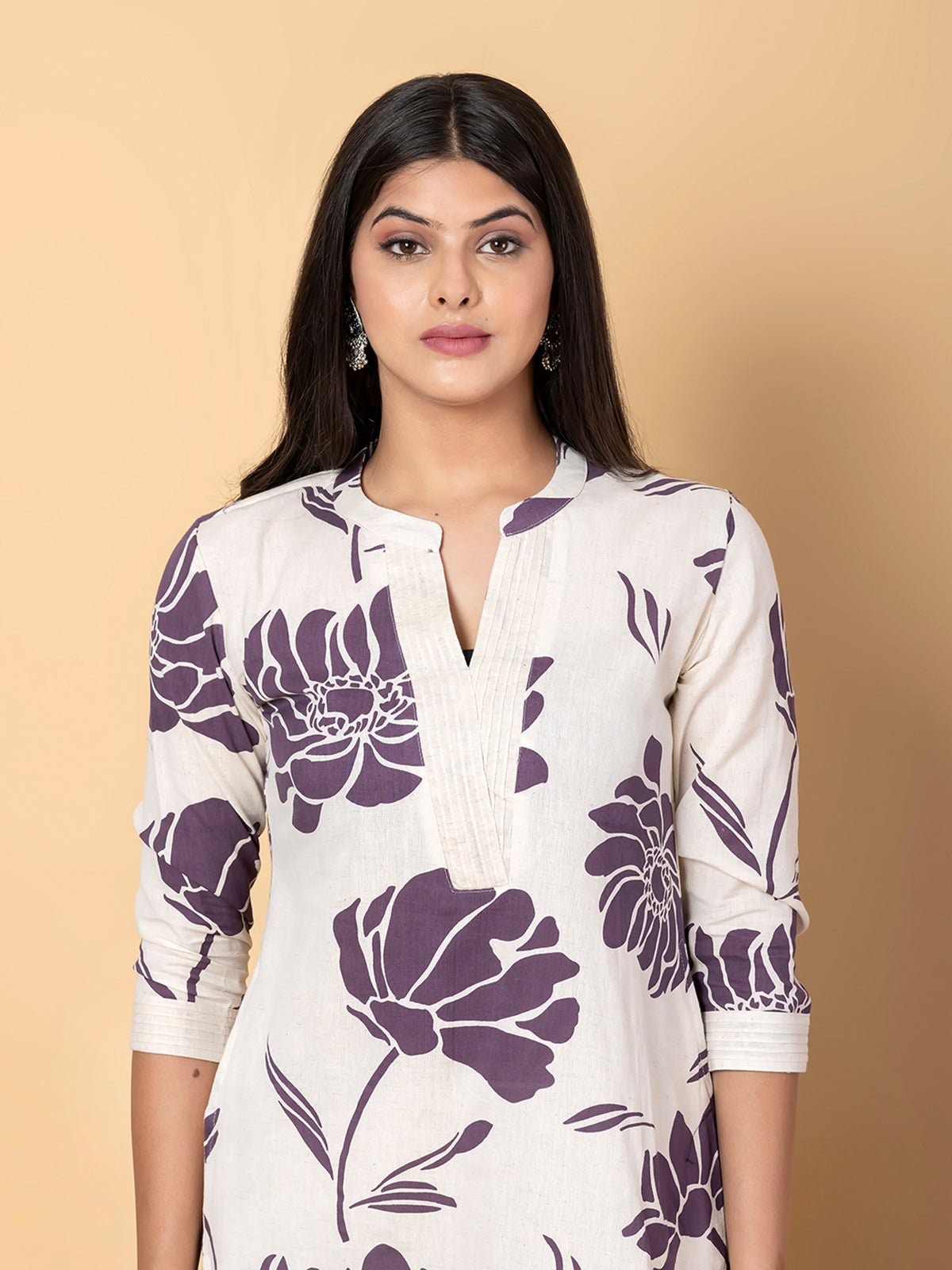 Off white and purple cotton silk kurti palazzo set