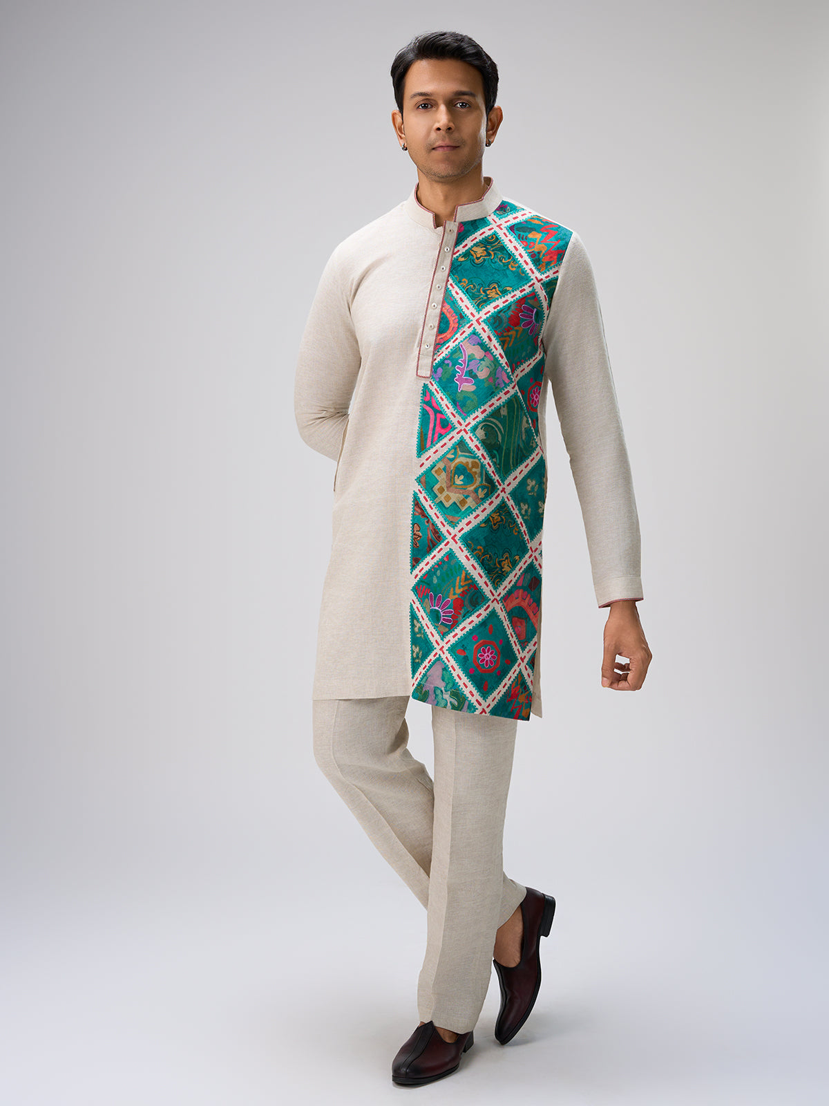 Off white blue patch kurta pajama men