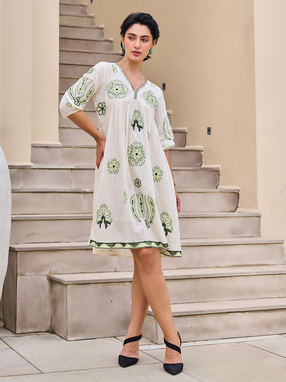 Off white cotton embroidered kurti with V neck