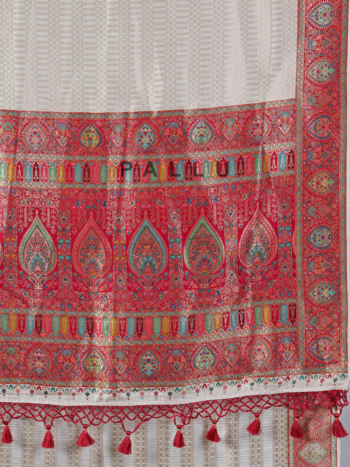 Off white dola silk saree with colorful motifs