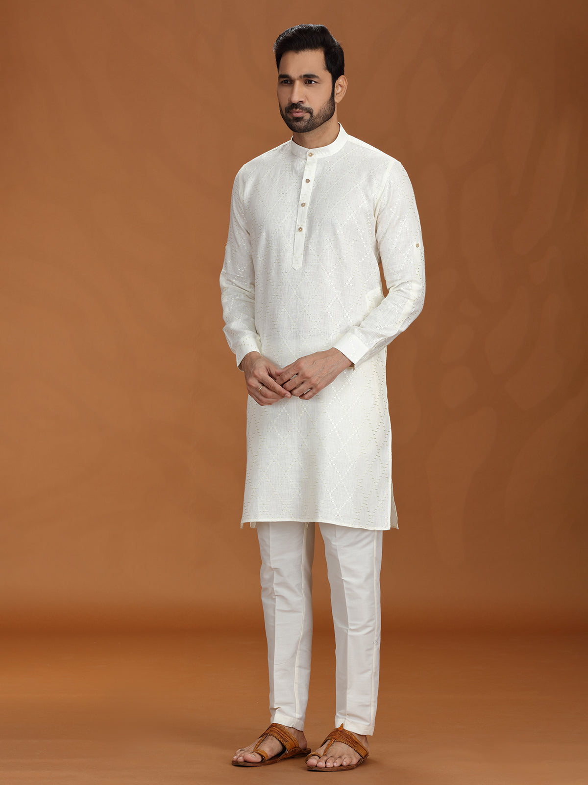 Off-white embroidered linen kurta set for festive