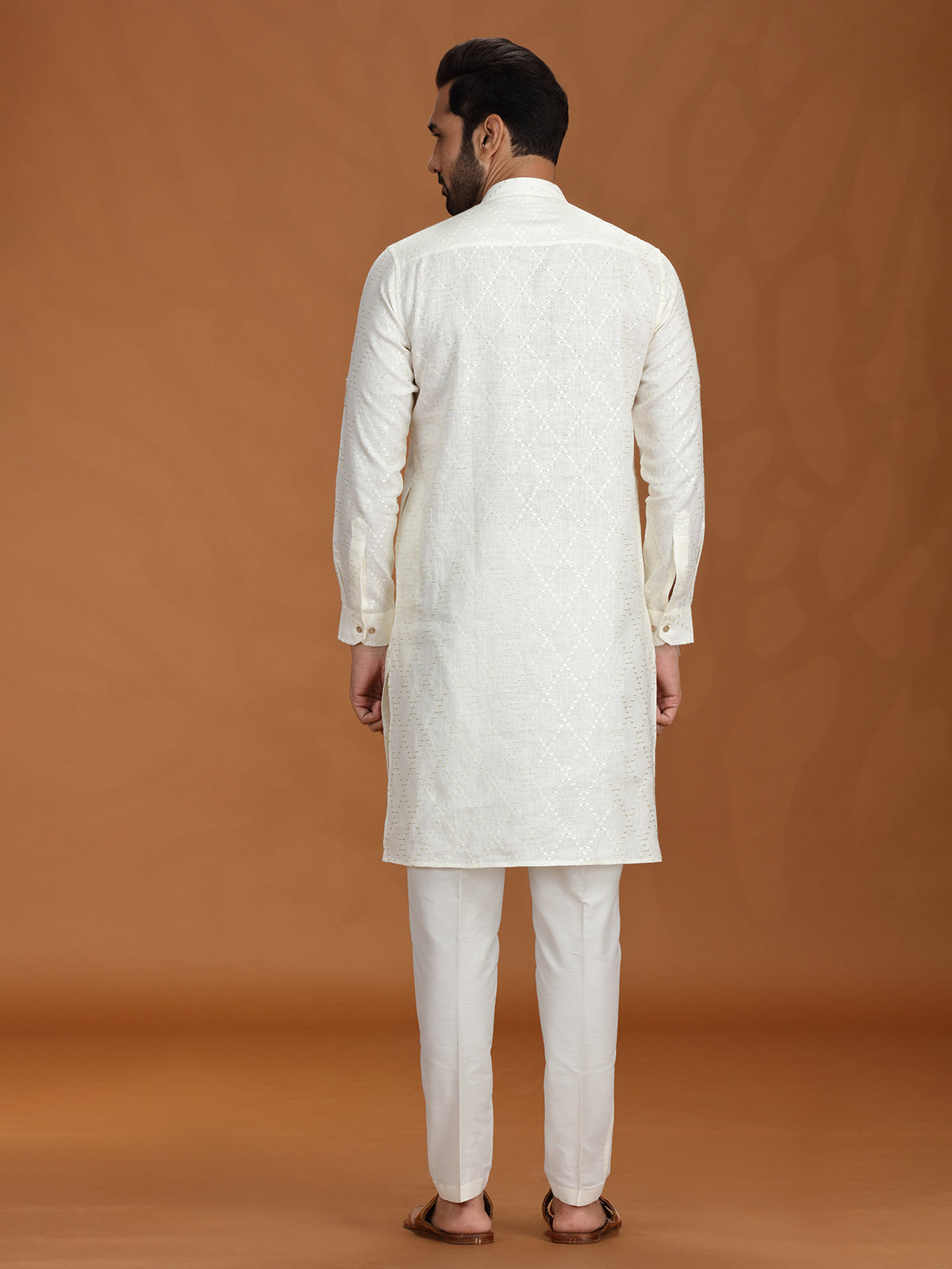 Off-white embroidered linen kurta set for festive