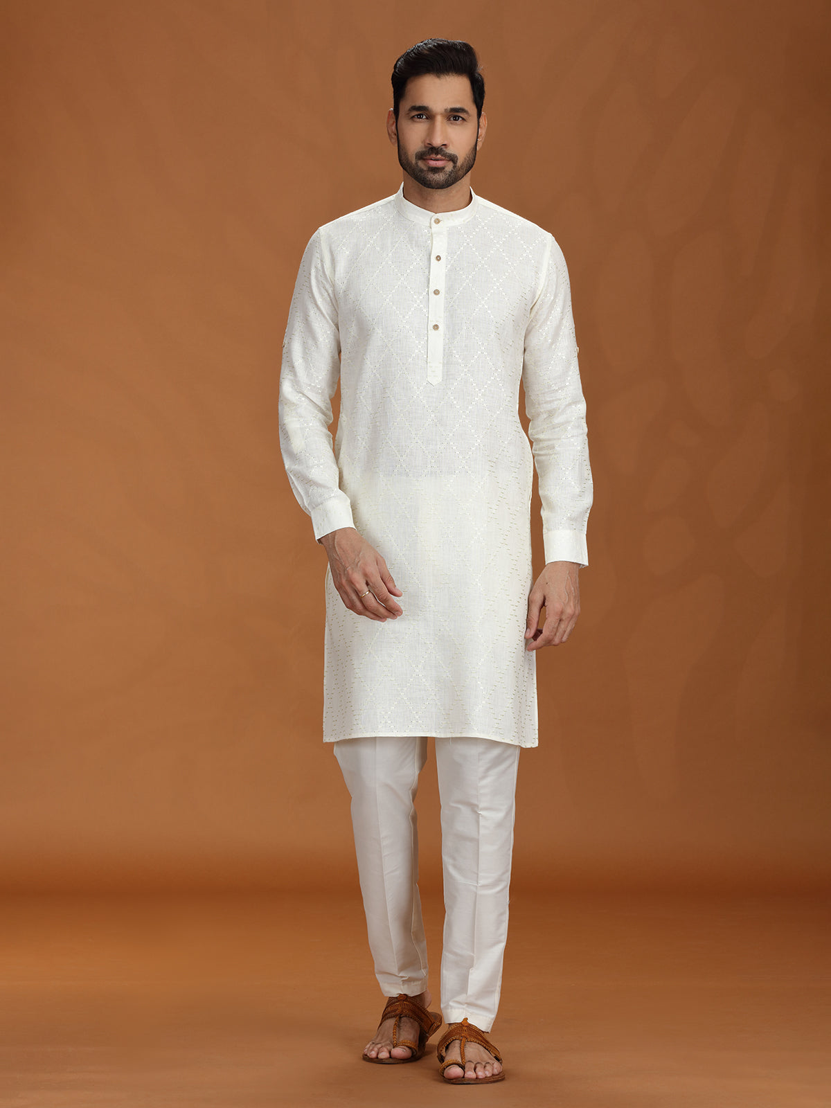 Off-white embroidered linen kurta set for festive