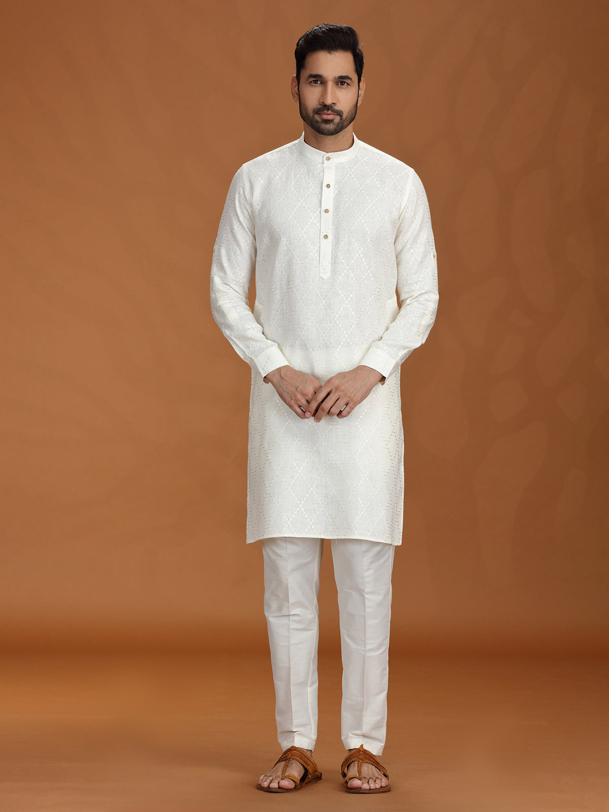 Off-white embroidered linen kurta set for festive