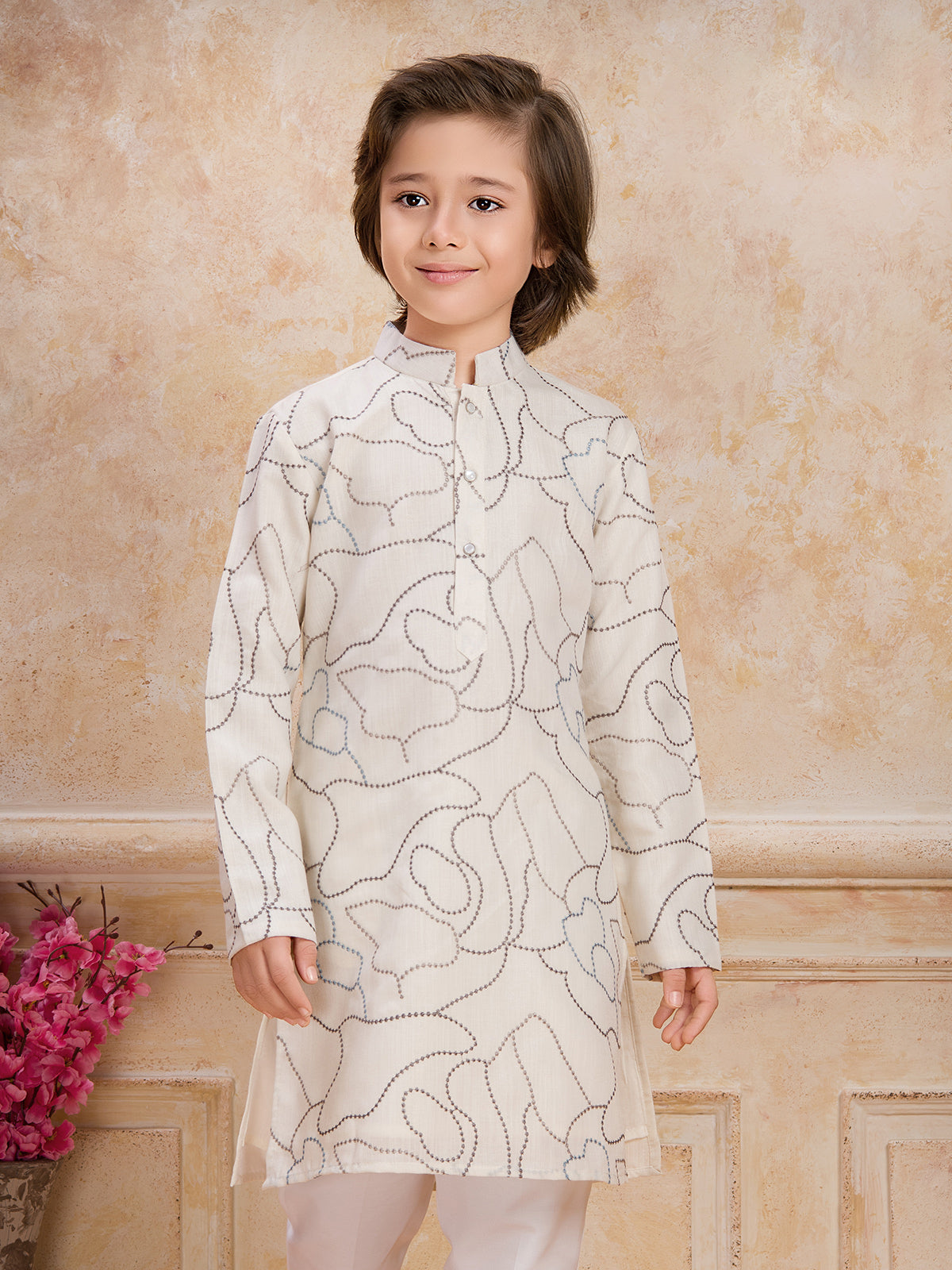 Off white festive wear cotton kurta suit for boys