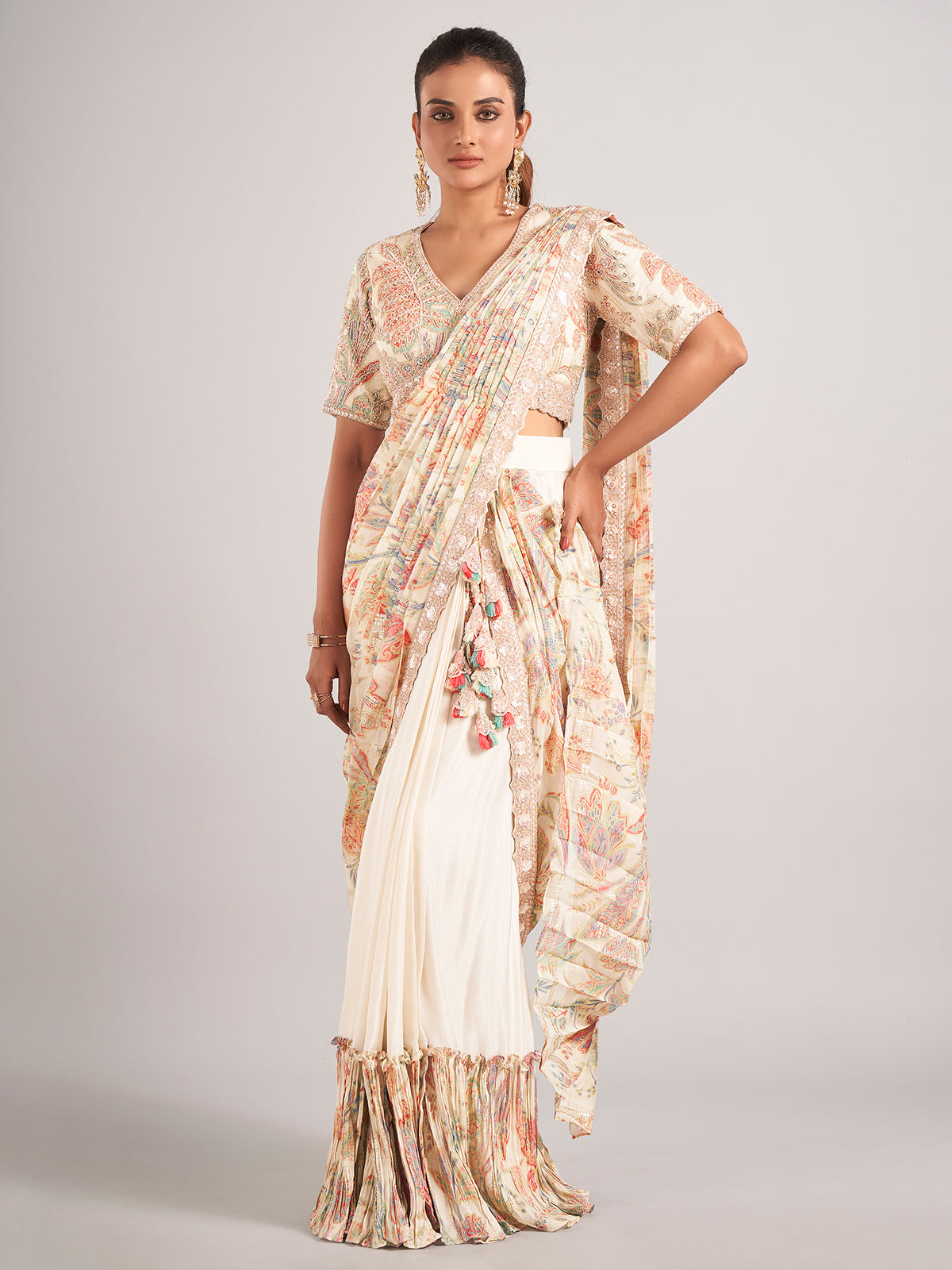 Off-white important fabric ready to wear saree
