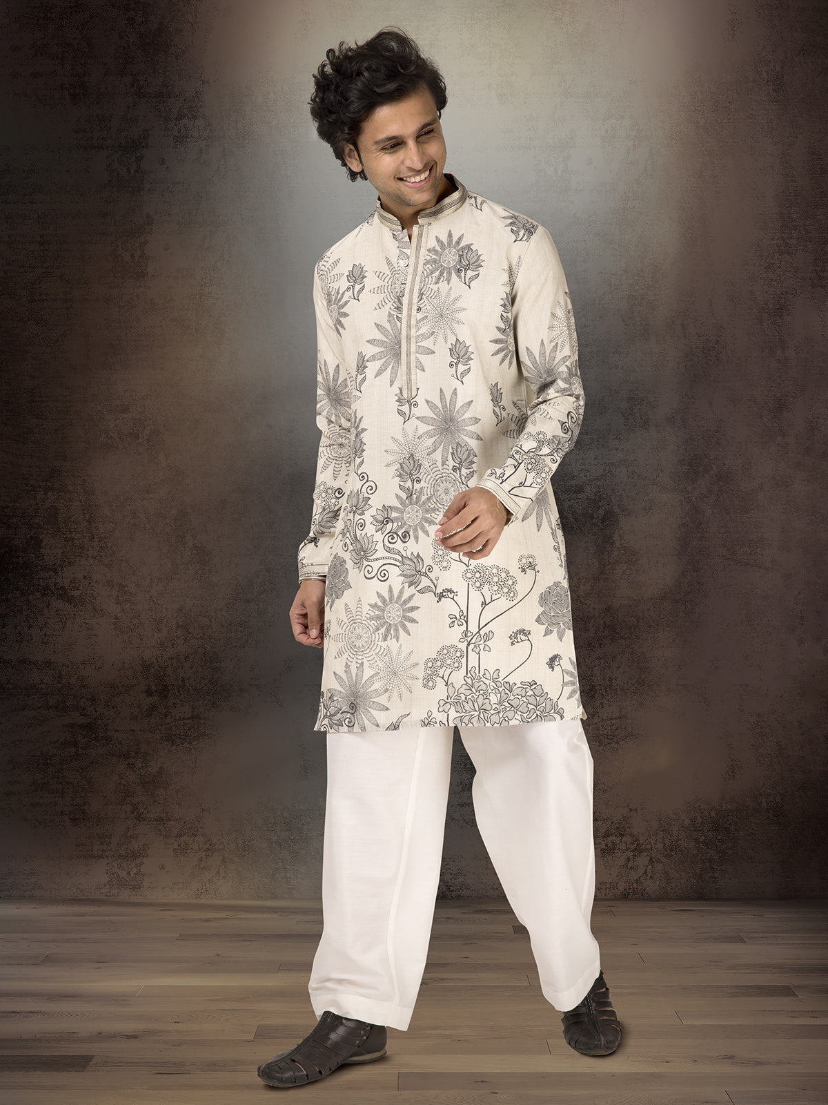 Off white linen cotton festive printed kurta suit