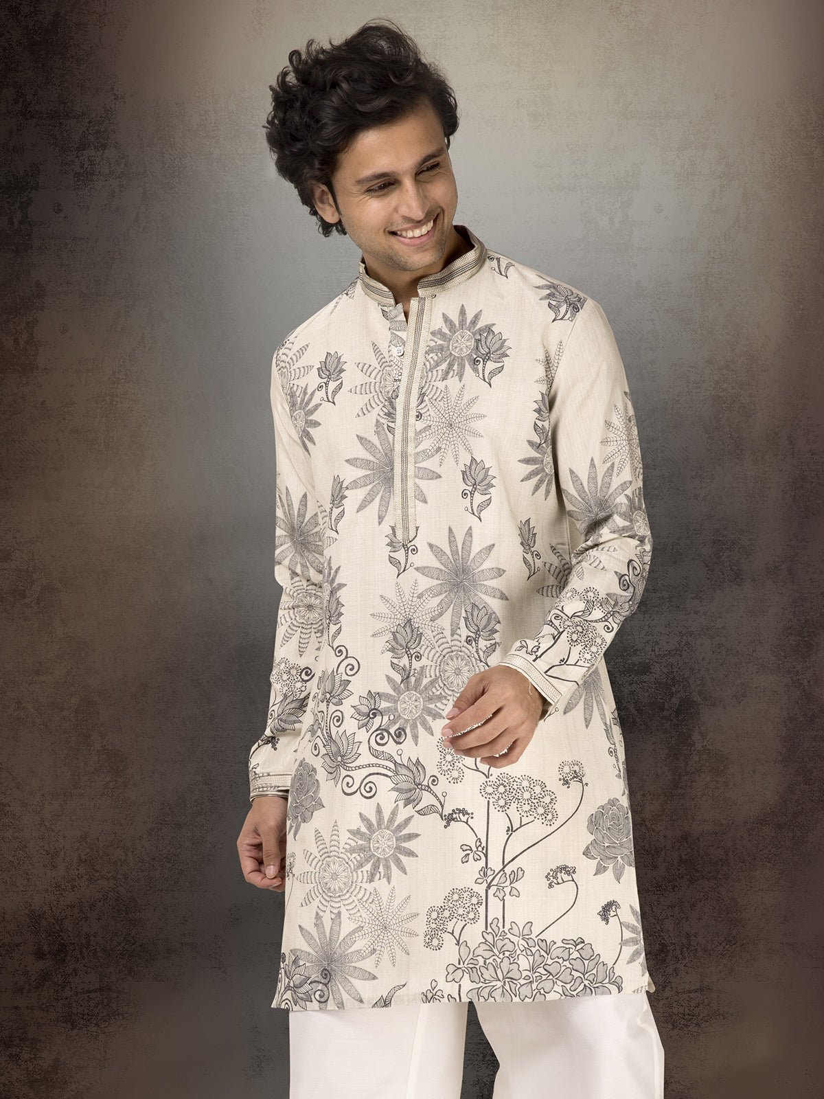 Off white linen cotton festive printed kurta suit