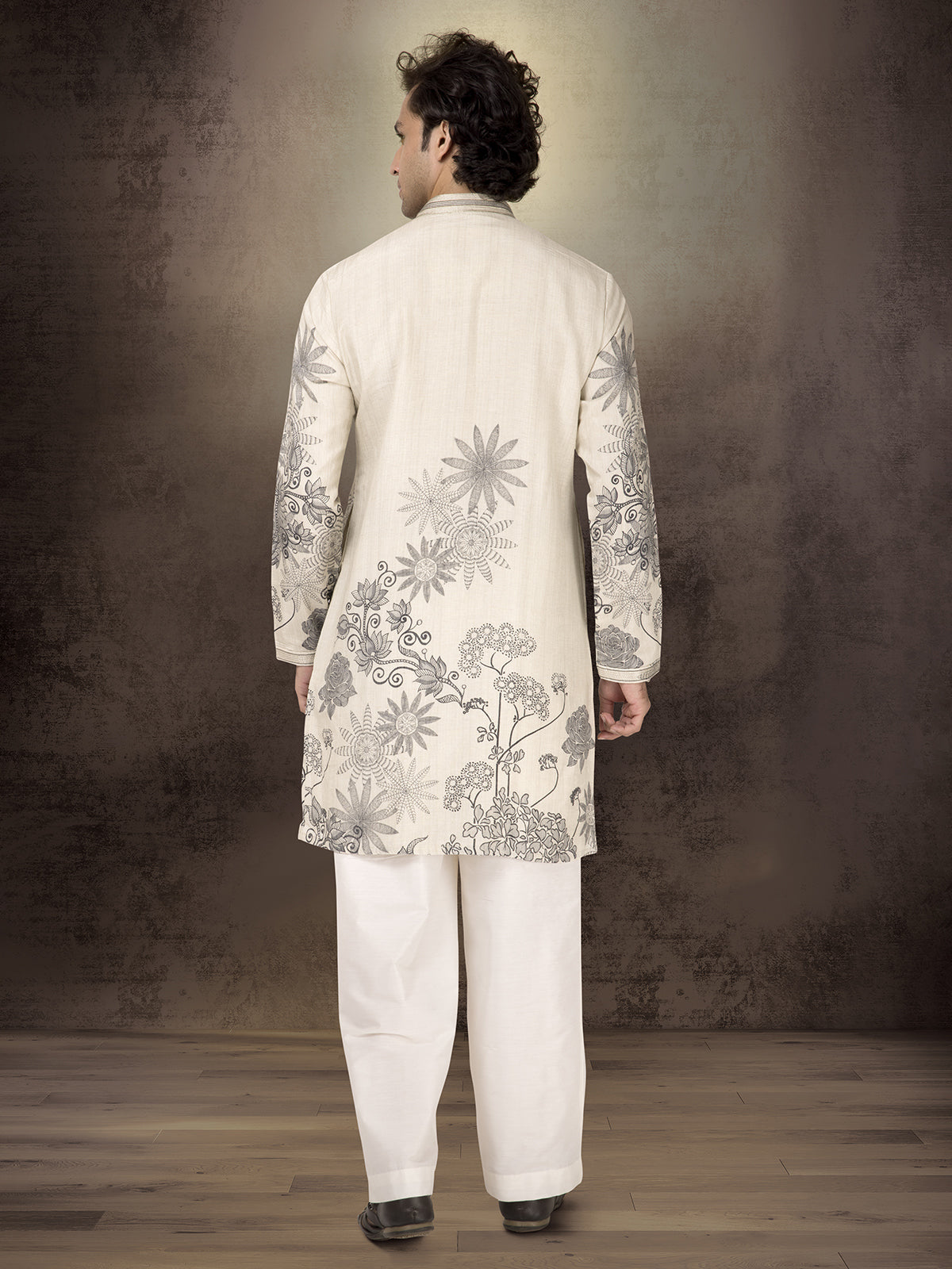 Off white linen cotton festive printed kurta suit