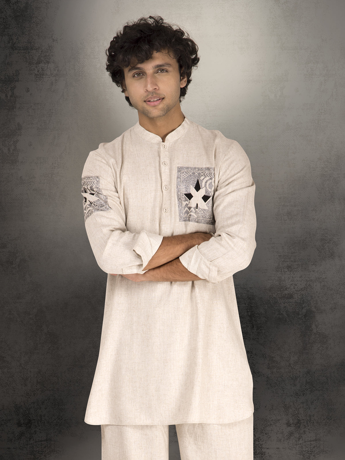 Off white linen cotton printed festive wear kurta suit