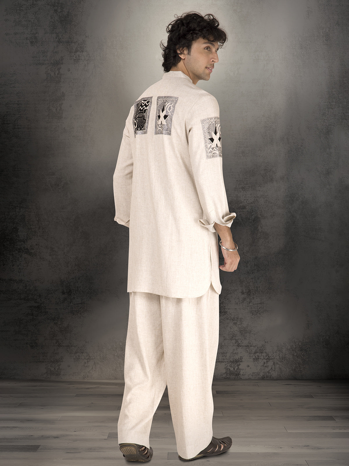 Off white linen cotton printed festive wear kurta suit