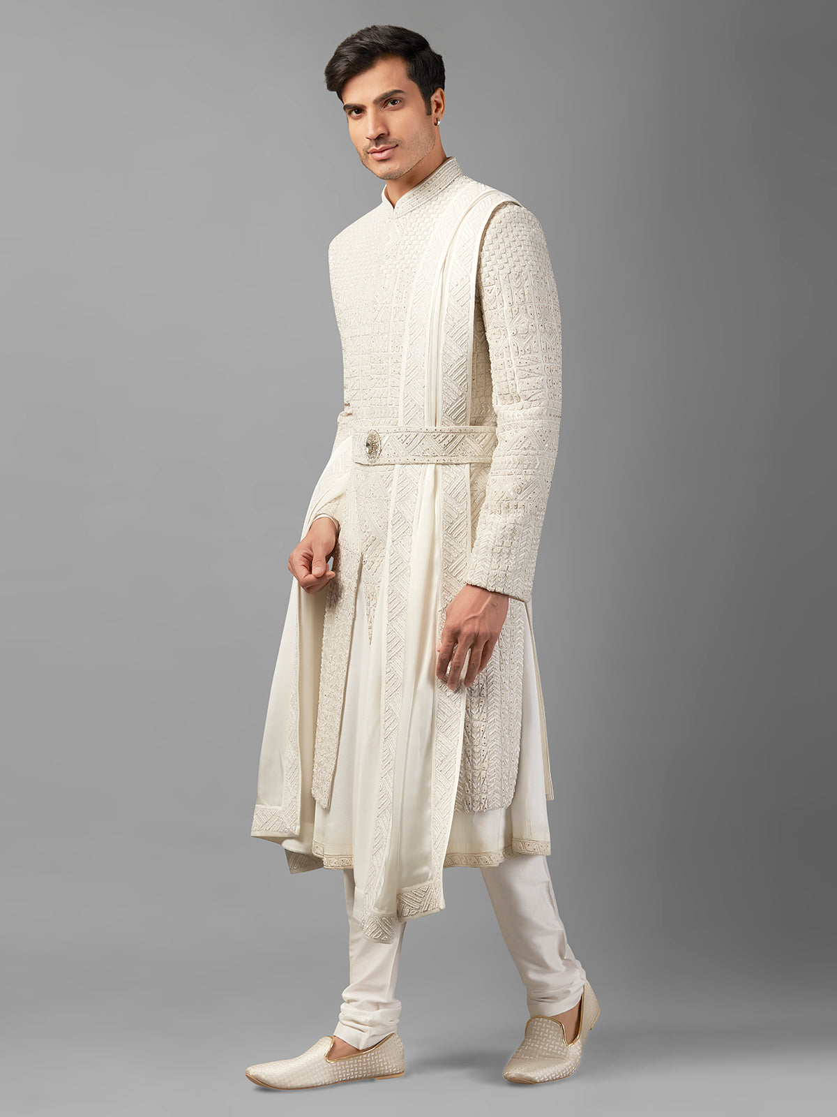 Off-white peshwai style groom sherwani