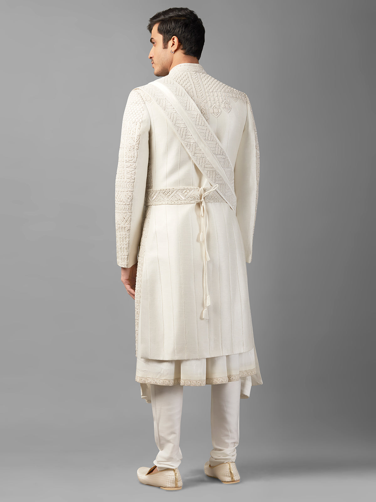 Off-white peshwai style groom sherwani