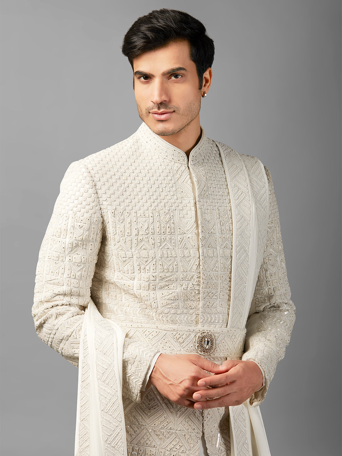 Off-white peshwai style groom sherwani