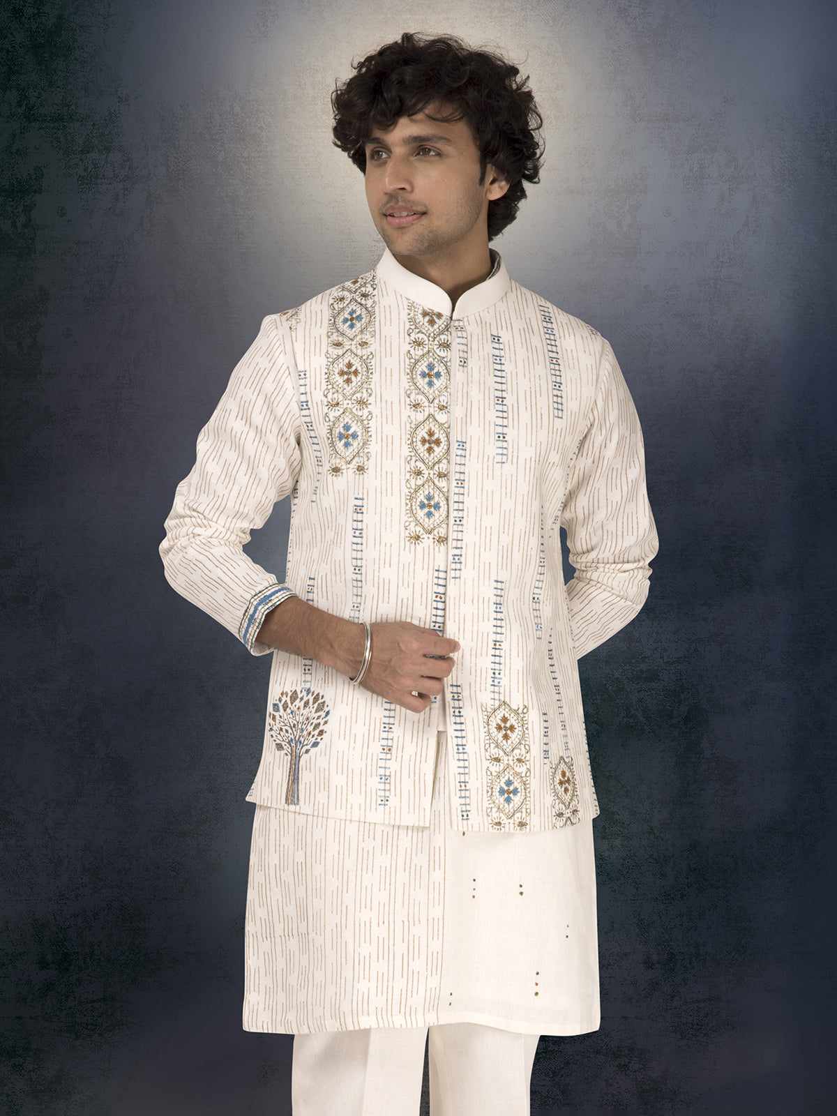 Off white pure linen waistcoat set with thread and resham work