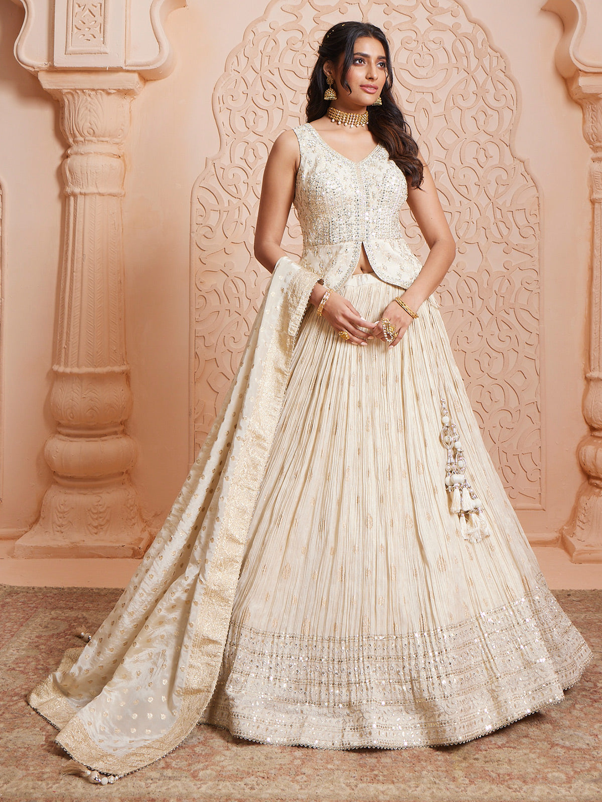Off white tissue lehenga with ready made blouse