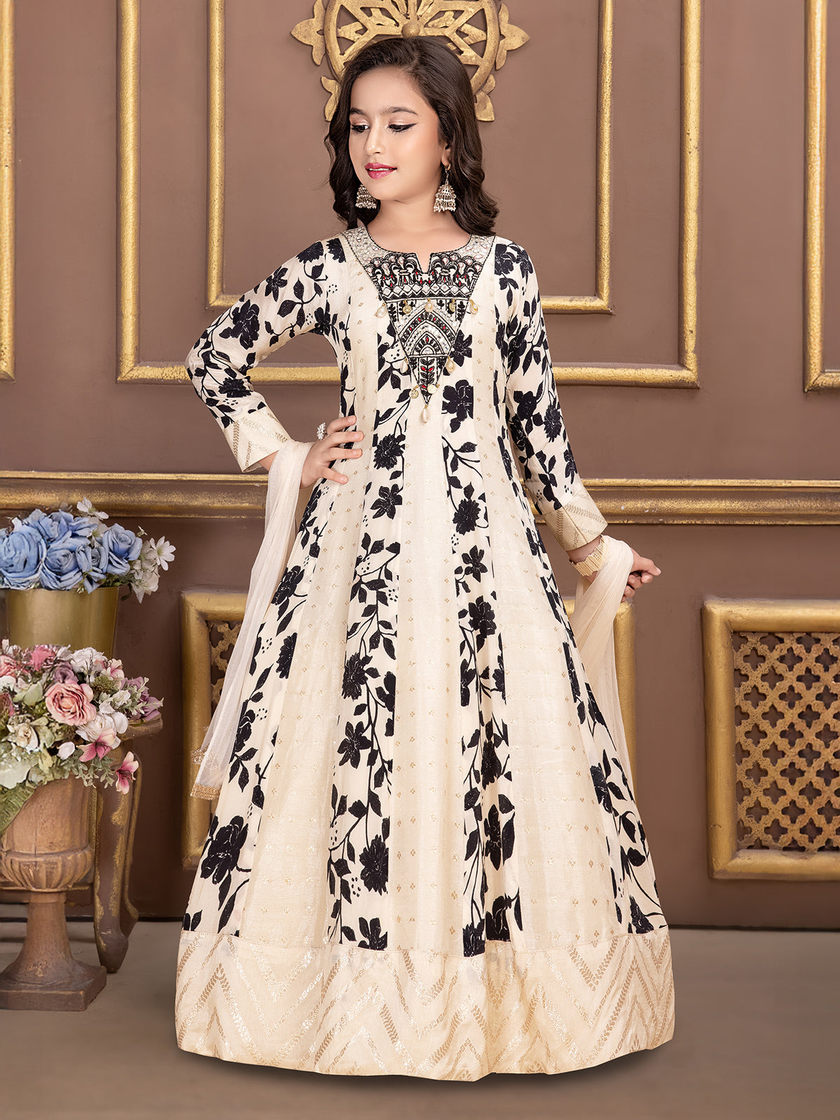 Off white wedding wear printed silk elegant gown for girls