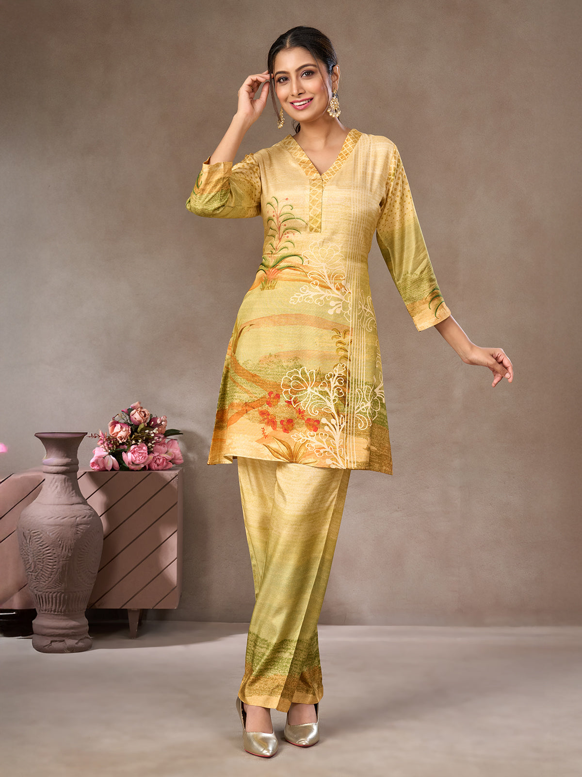 Olive and beige floral printed crepe silk co-ord set
