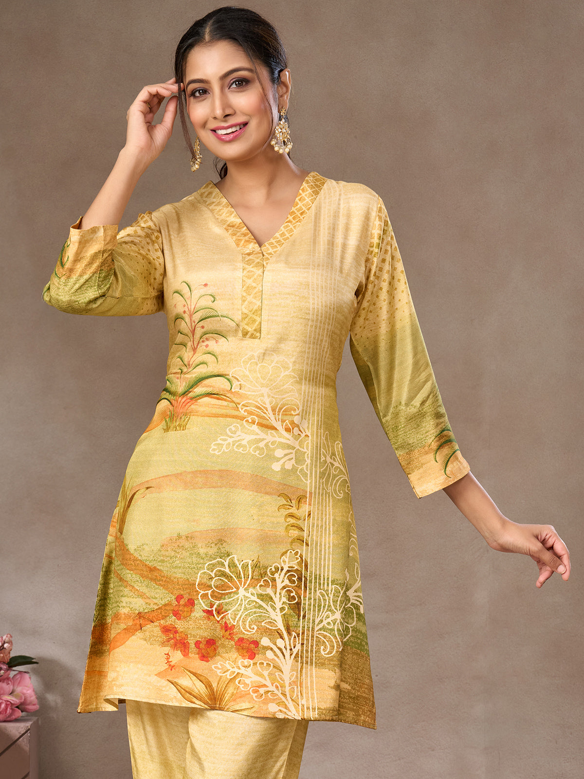 Olive and beige floral printed crepe silk co-ord set