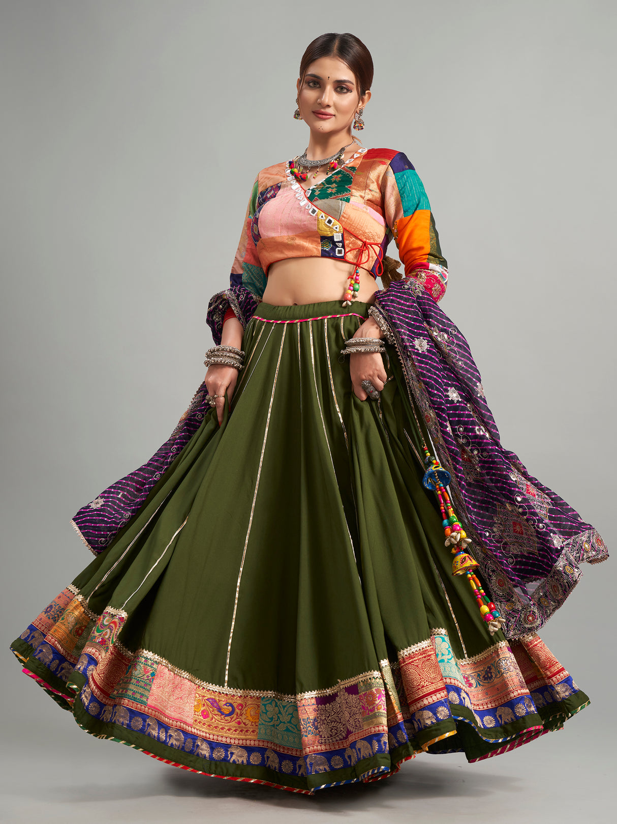 Olive cotton silk chaniya choli for navratri