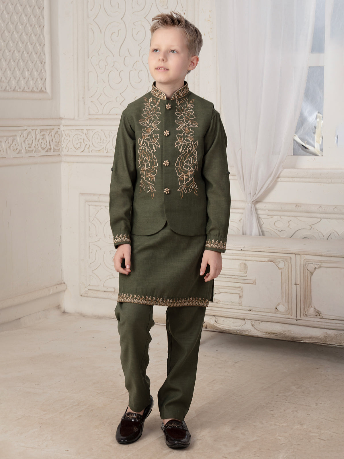 Olive cotton silk waistcoat set for graceful celebrations