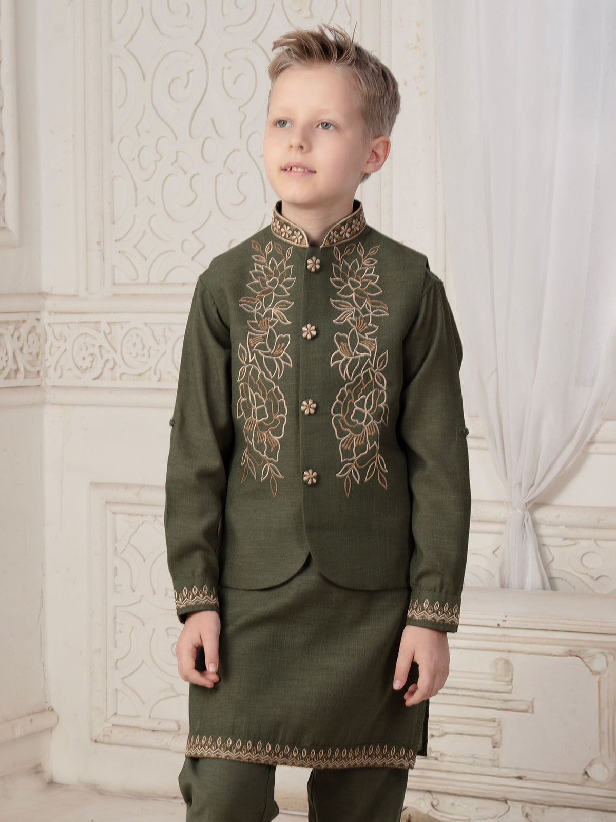 Olive cotton silk waistcoat set for graceful celebrations