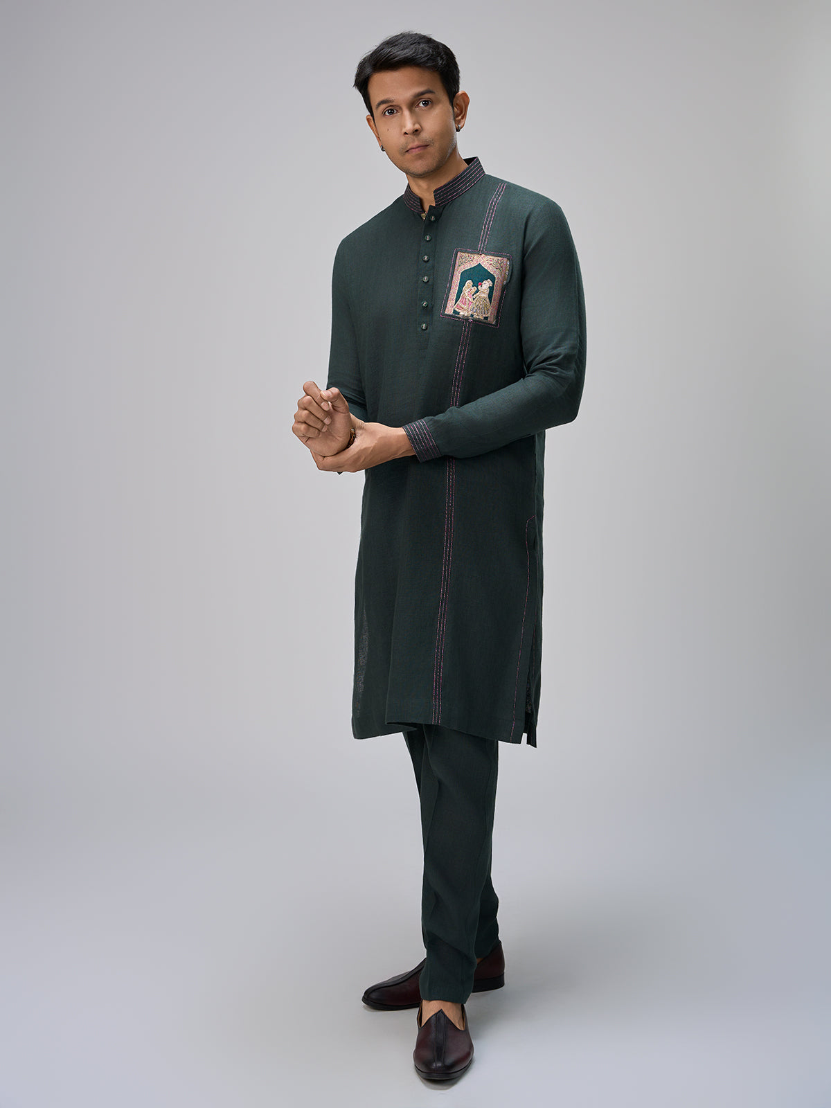 Dark green crafted kurta pajama for men