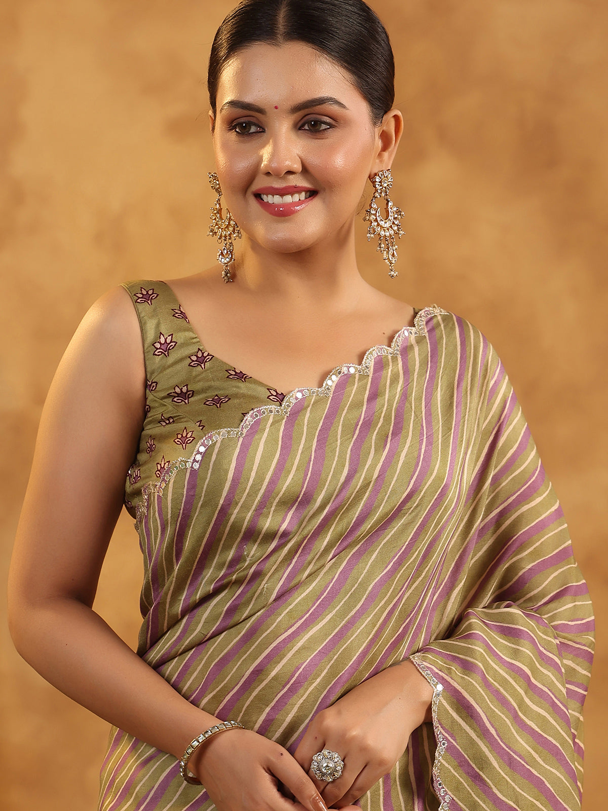 Olive printed silk saree for festive occasions