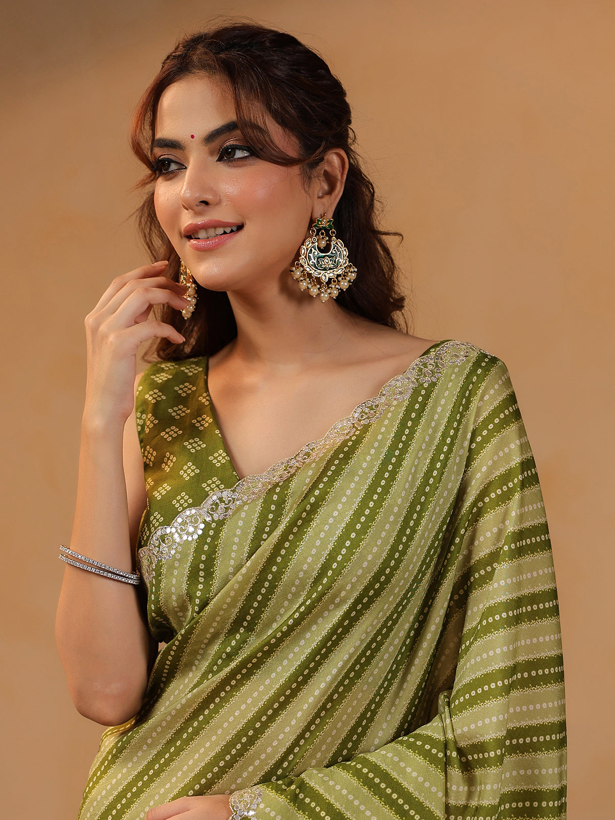 Olive printed silk saree with gota embellishment