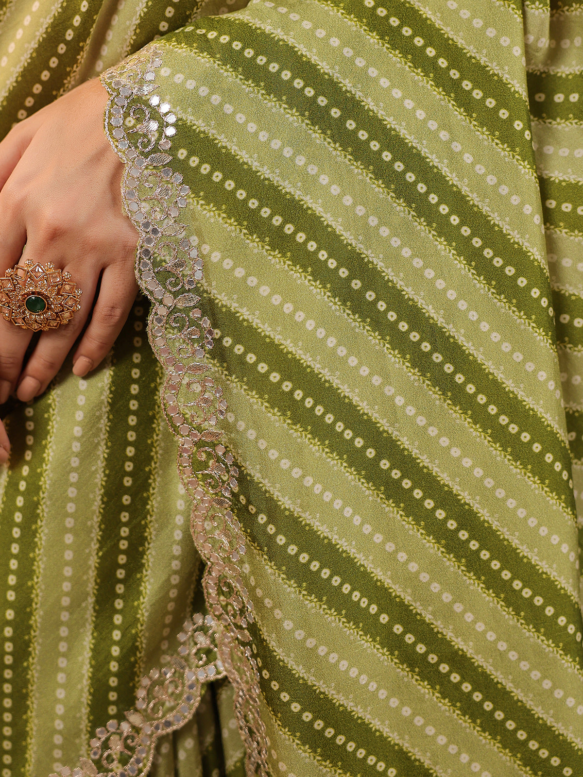 Olive printed silk saree with gota embellishment