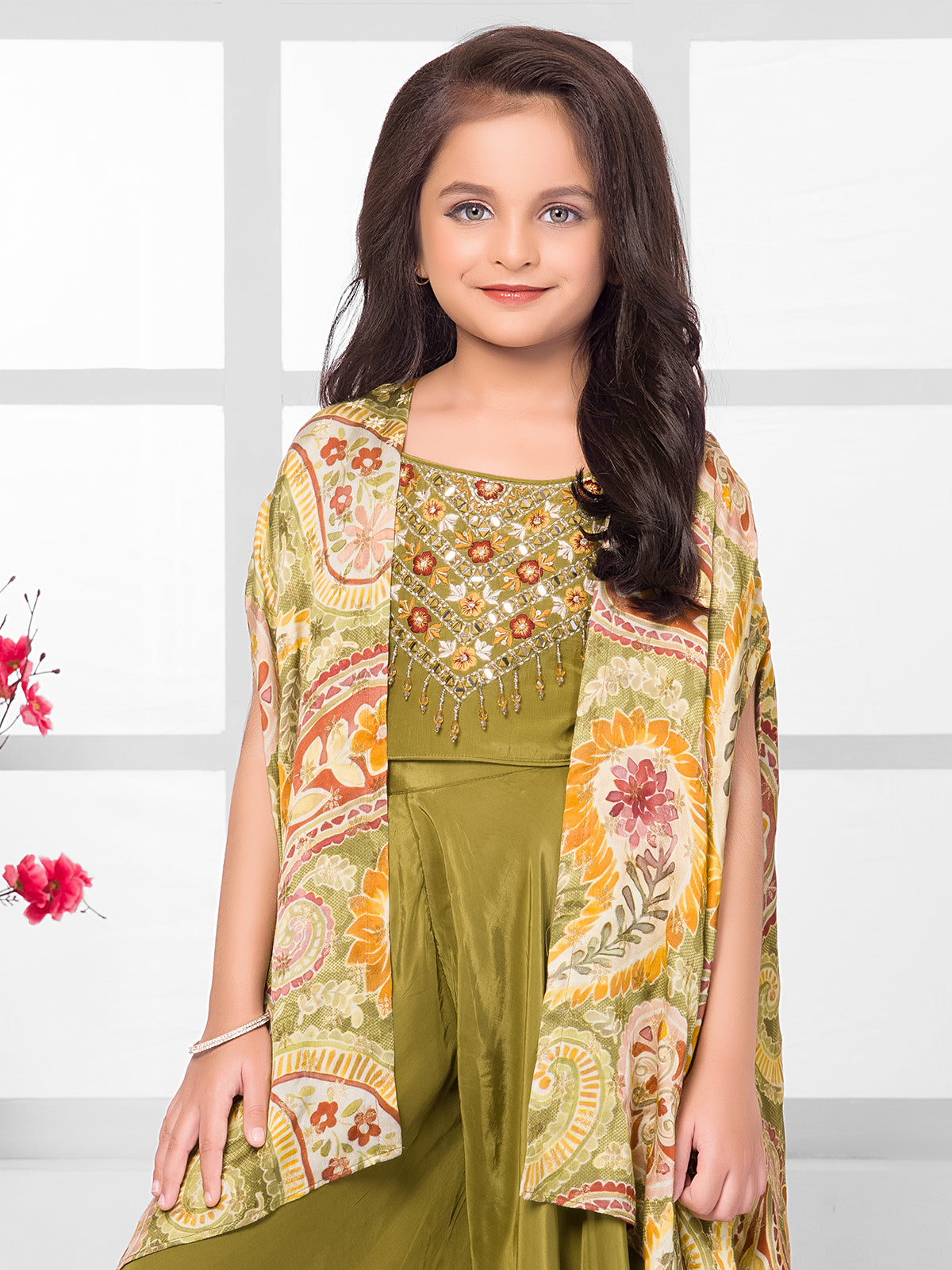 Olive silk printed shrug palazzo suit