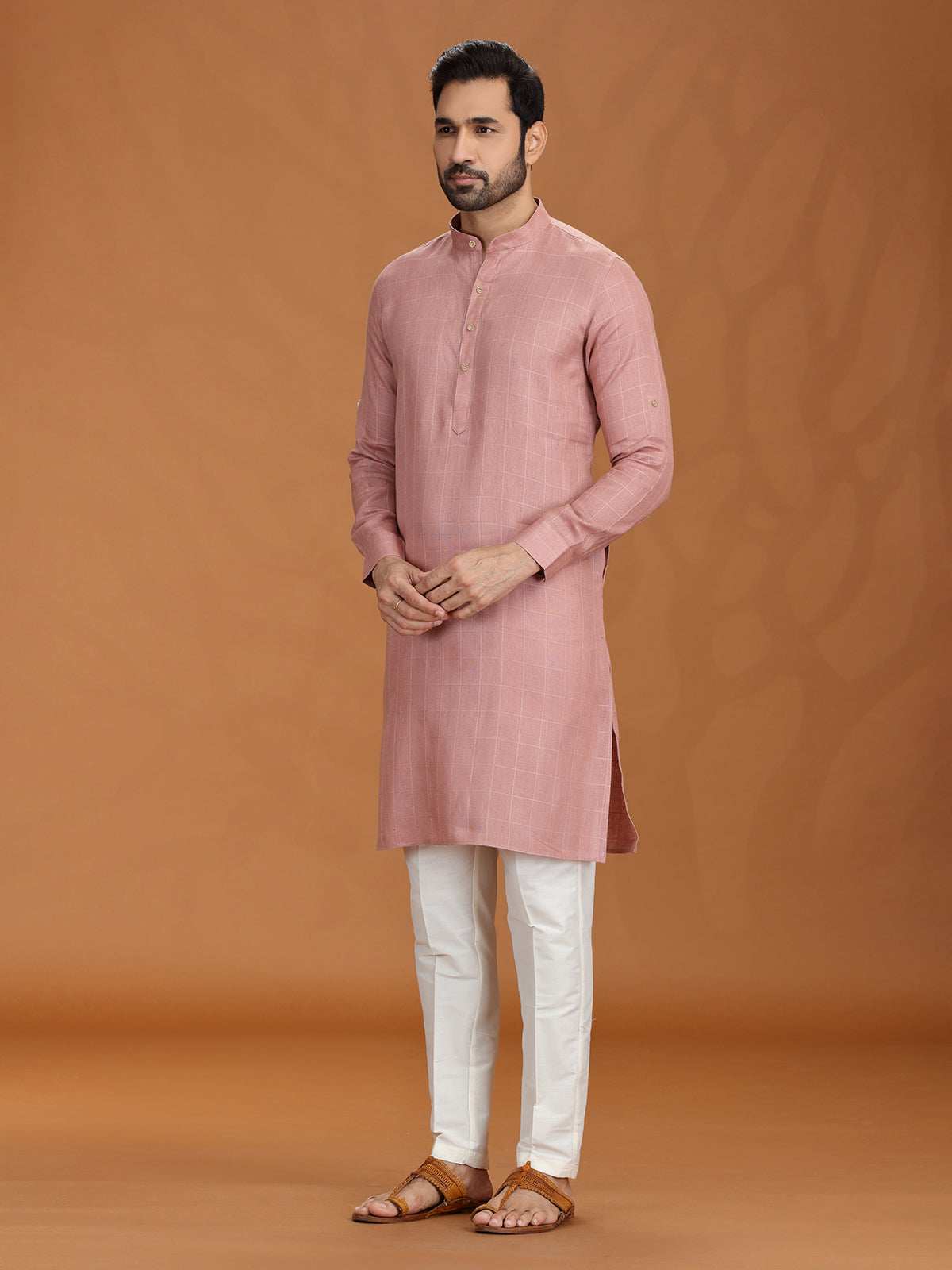 Onion pink checks linen kurta set for festive