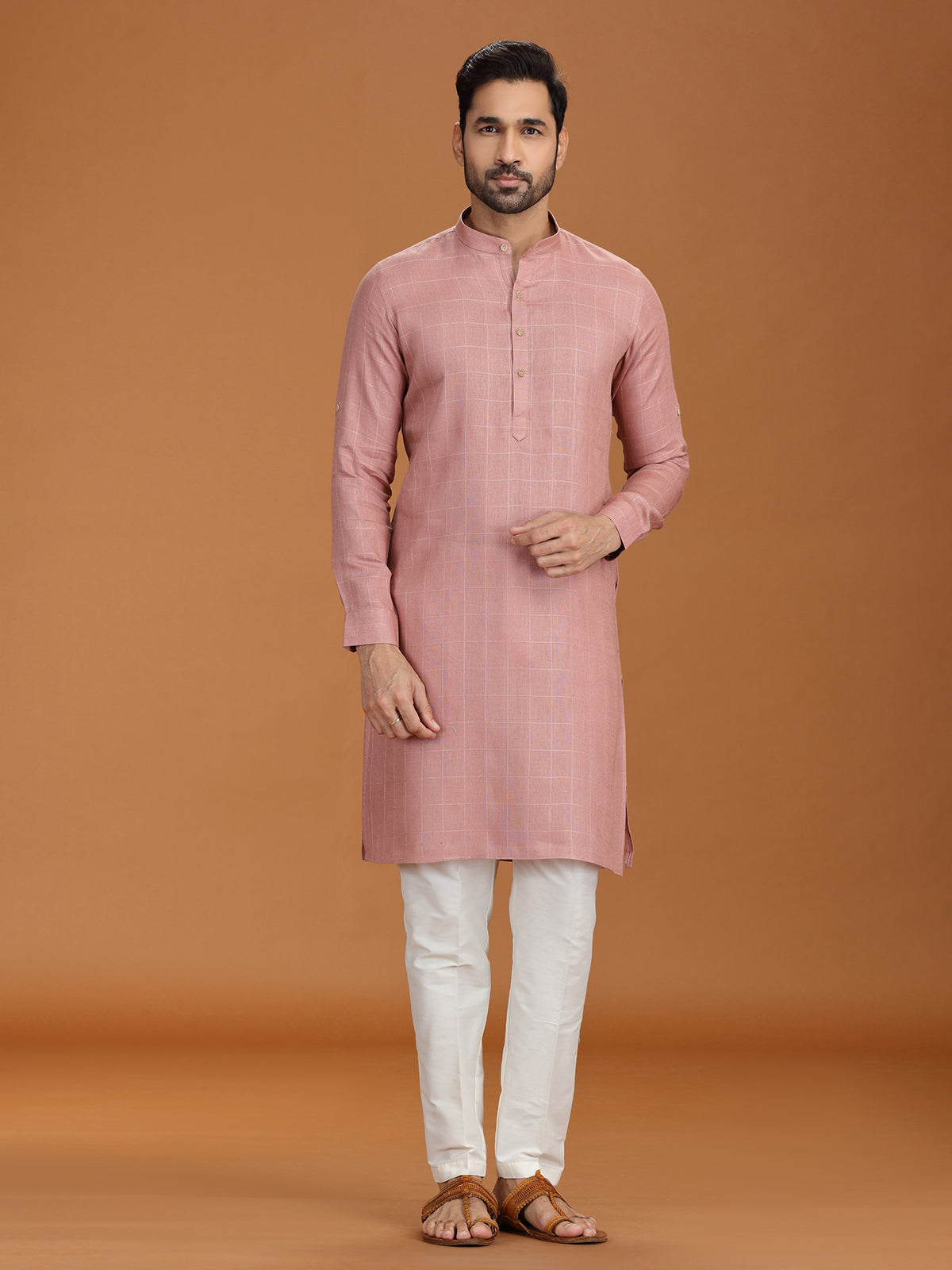 Onion pink checks linen kurta set for festive
