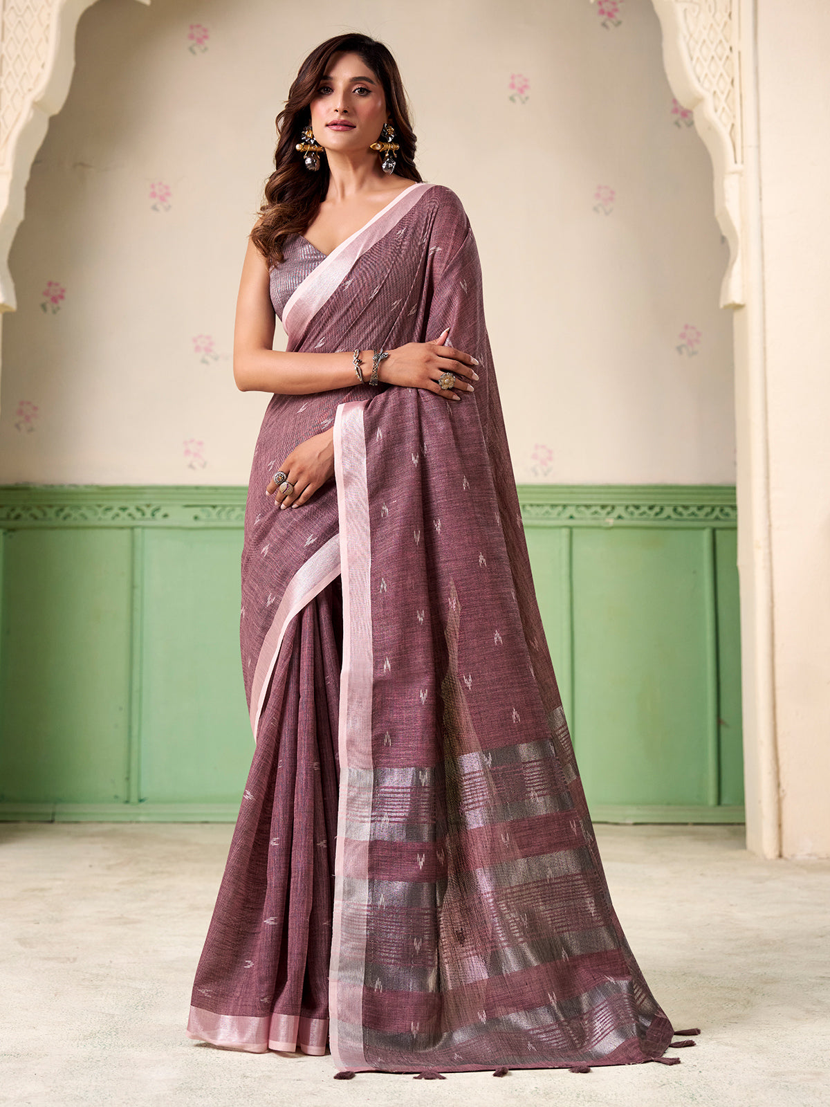 Onion pink linen silk zari elegance